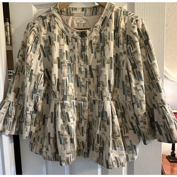J Jill Jacket Womens Petite L Beige Blue Geo Print Silk Blazer Peplum Hem Boho - Picture 2 of 10